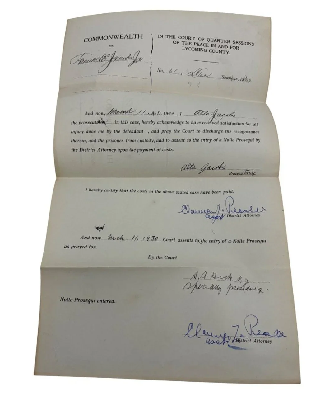 1929 PA Court Case File Desertion Non Support Nolle Prosequi Jacobs Lycoming - Picture 3 of 9